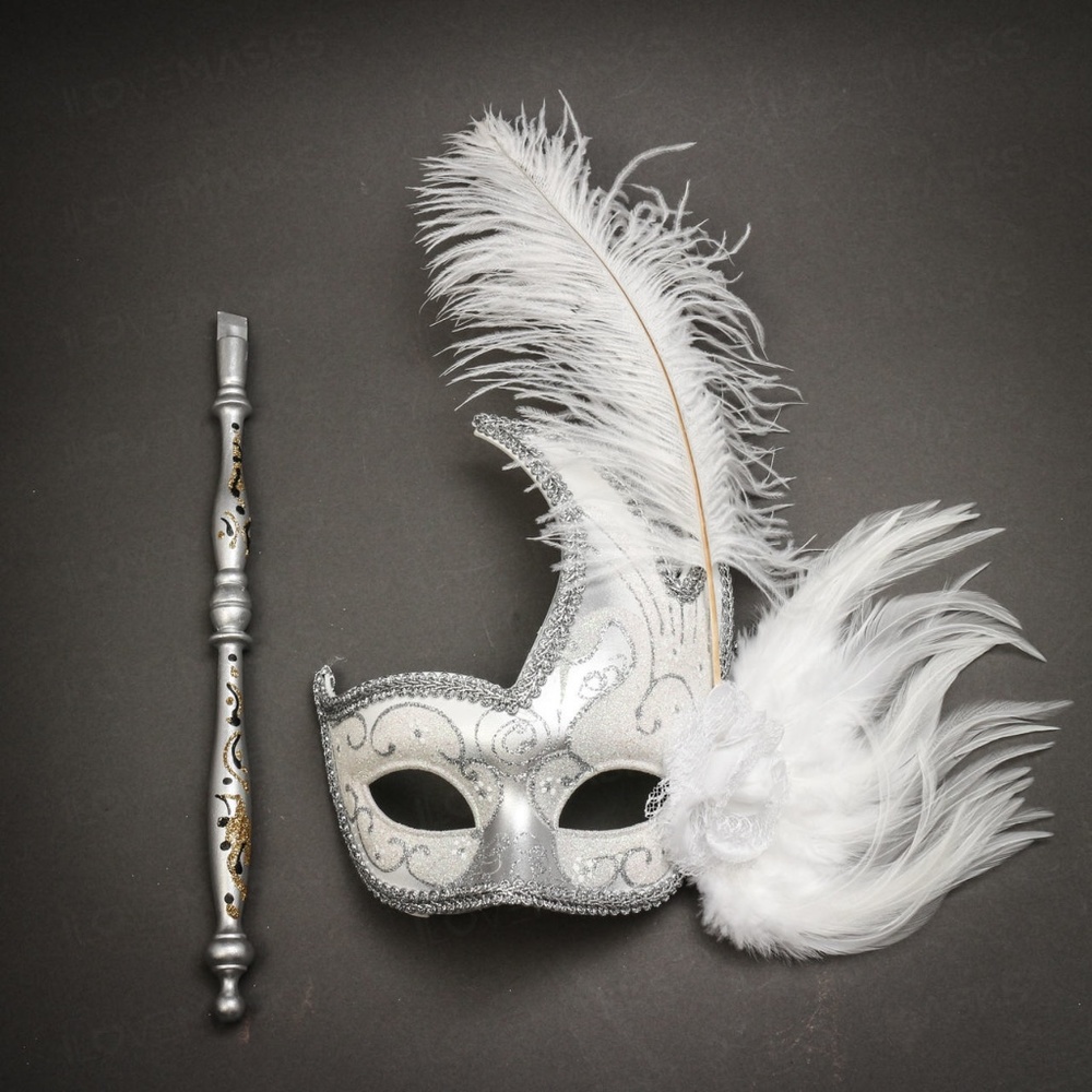 Venetian Feather Masquerade Mask with White Stick